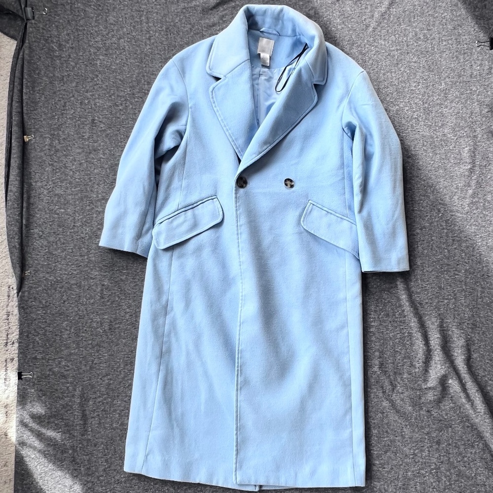 H&M Full Length Oversized Notch Collar Pea Coat XS Baby Blue Work Fall Winter